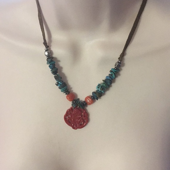 Choker real Turquoise suede Buddha charm hippyboho - Picture 3 of 8